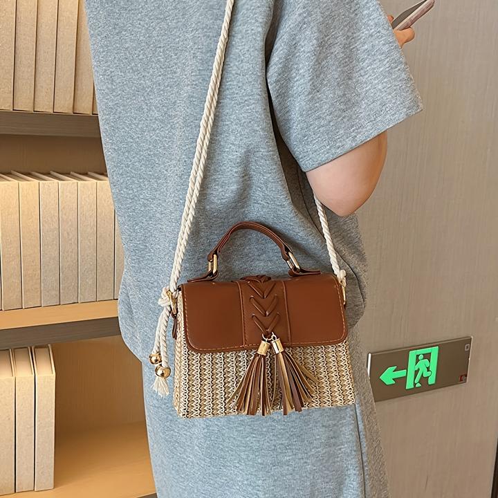 Image du produit Only-Bags.Store Sac à main en paille tressée avec décor de houppes, mini sac de plage à bandoulière, poignée en