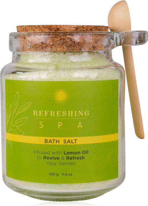 Accentra Badzout REFRESHING SPA in glas incl. houten lepel, 330g, verrijkt met citroenolie, geur: Citroen & J (Badzout)