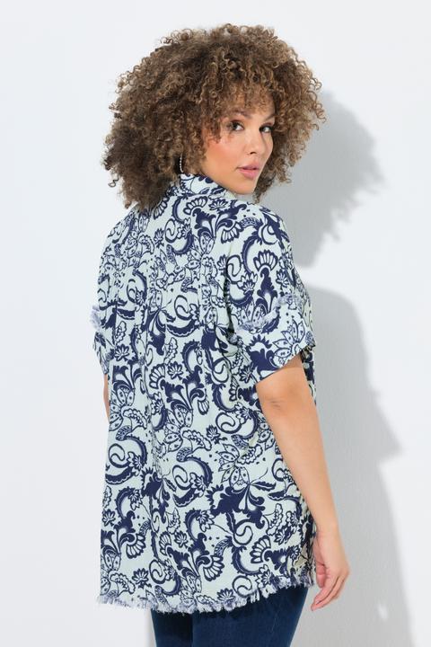 Immagine prodotto Ulla Popken Musselinbluse, Blätter, Oversized, Halbarm, Fransensaum (58)