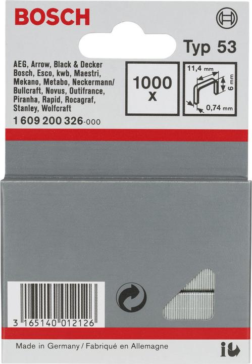 Produktbild Bosch Professional Zubehör Feindrahtklammer Typ 53, 11,4 x 0,74 x 6 mm, 1000er-Pack