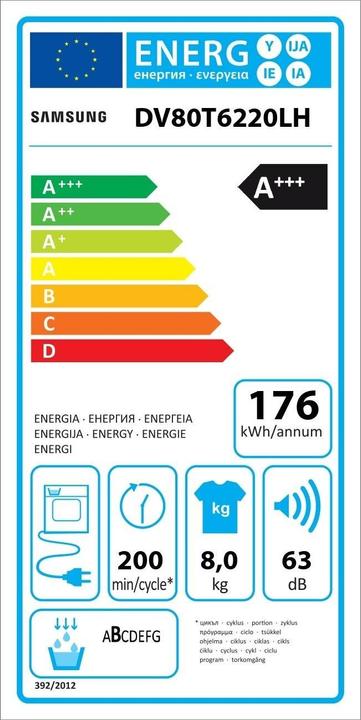 Label énergétique Samsung DV80T6220LH/S5 (8 kg, Modifiable, Droite)