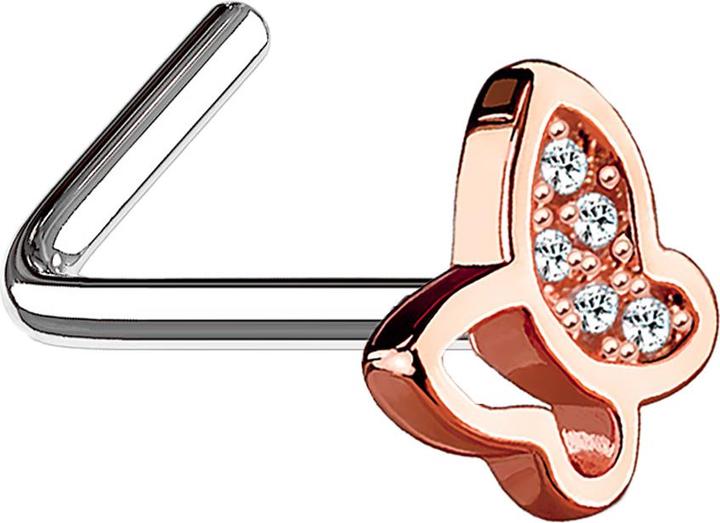 Produktbild Star Piercing Nasenstecker gewinkelt rosegold mit Schmetterling und Kristall (Messing, Chirurgenstahl 316L)