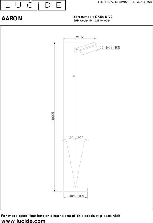 Actual product image Lucide AARON - Floor lamp - LED Dim. - 1x10W 4000K - Black 19730/10/30 (1000 lm)