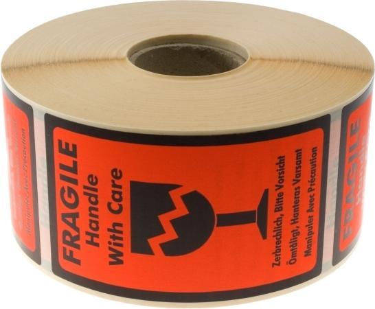 B.N.T. Label w/tekst Fragile Handle with care 120x70mm 1000pcs/rul - (1000 pcs.)