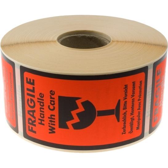 B.N.T., Heft + Block, Etiket m/tekst Fragile Handle with care 120x70mm 1000stk/rul - (1000 stk.)