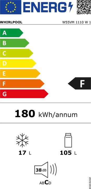 Energie-Label Whirlpool W55VM 1110 W 1 Kühlschrank mit Gefrierfach Freistehend 122 l Weiss (122 l)