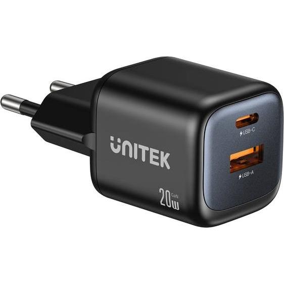 Unitek ładowarka Sieciowa 2x Gan USB-C & USB-A 20w Czarna (20 W, 2 porte), Caricatore USB, Nero