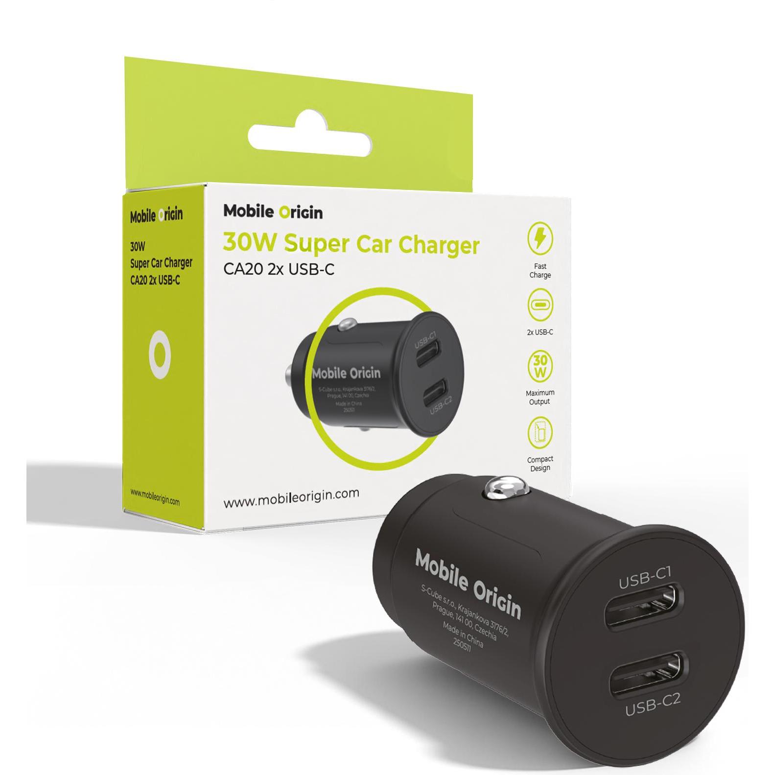 Mobile Origin 30W Super Car Charger CA20 - 2x USB-C, Adattatore per auto