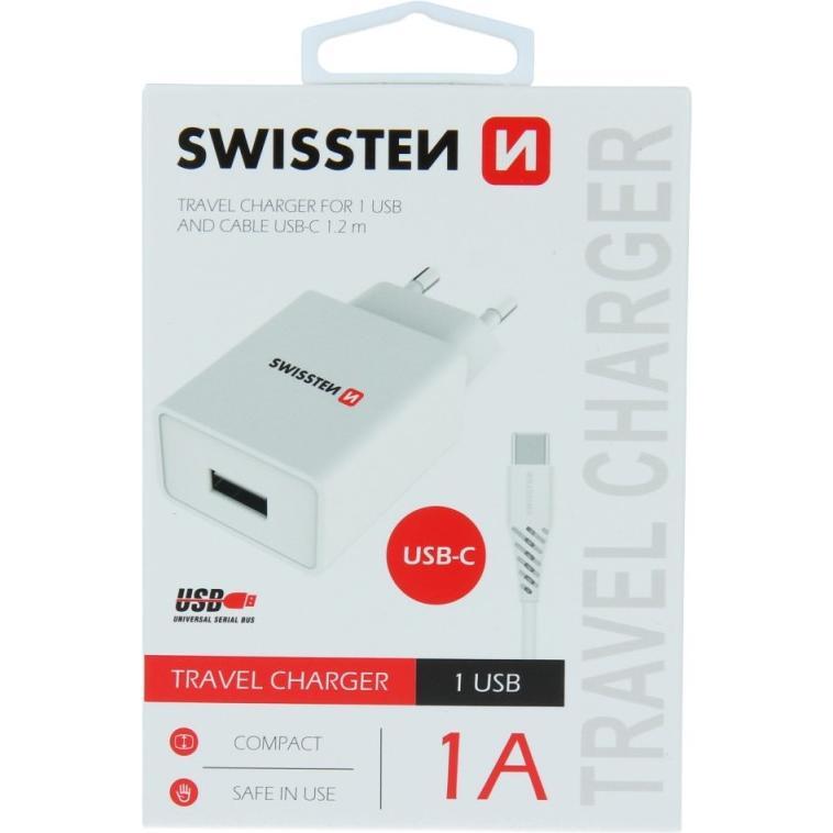 Thumbnail - Swissten USB Ladegerät Smart IC mit 1x USB 1A Power + Datenkabel USB / TYPE C 1,2 M (5 W), USB Ladegerät, Weiss