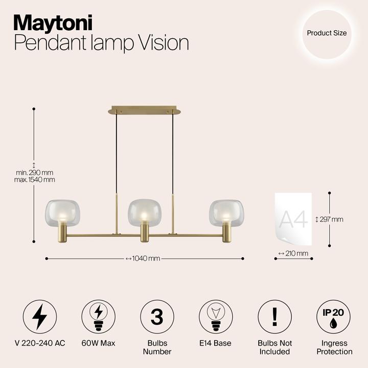Actual product image Maytoni Vision Pendant Light, Pendant 3x E14 Gold Colour (E14)