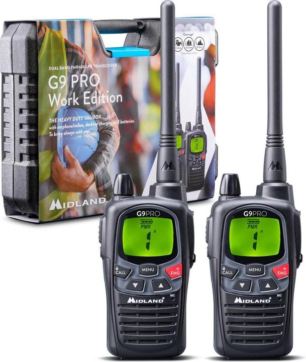 Midland G9 Pro 2er Kofferset, PMR446 2 Standlader, 2 MA24-L Headsets, 8 AA Akkus (1800 mAh) (12 km)