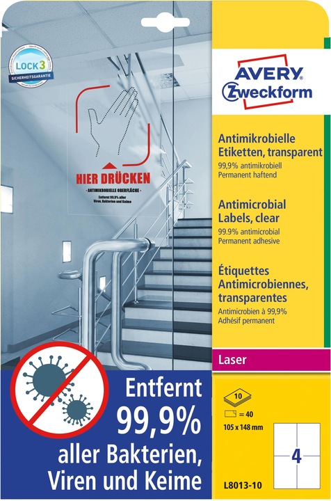 Image du produit Avery AVZ L8013-10 Étiquettes antimicrobiennes 105x148mm transparent