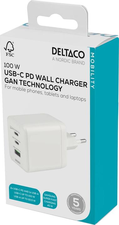 Actual product image Deltaco USB GaN wall charger 100 W, 1x USB-A, 2x USB-C, PPS, white (100 W, 3 ports)