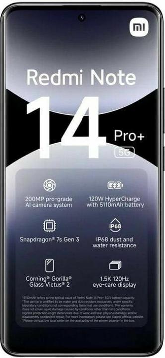Produktbild Xiaomi Redmi Note 14 Pro+ (512 GB, Midnight Black, 6.67", Dual SIM, 5G)