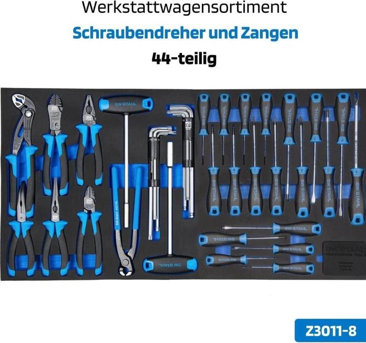 Actual product image SW-Stahl Z3208 Professional workshop trolley TT802 blue I 8 drawers I 3 drawers filled I 304 parts I