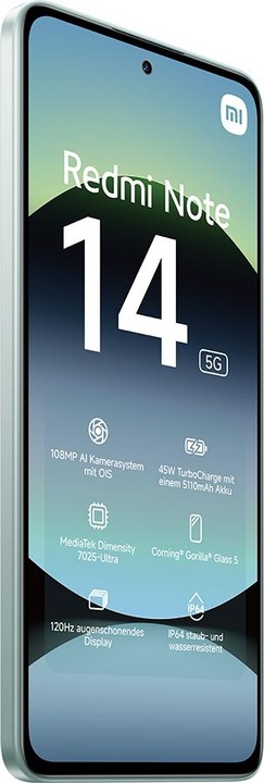 Image du produit Xiaomi Redmi Note 14 5G 6+128GB Vert corail, LDU (128 Go, Coral Green, 6.67", Double SIM, 108 Mpx, 5G)
