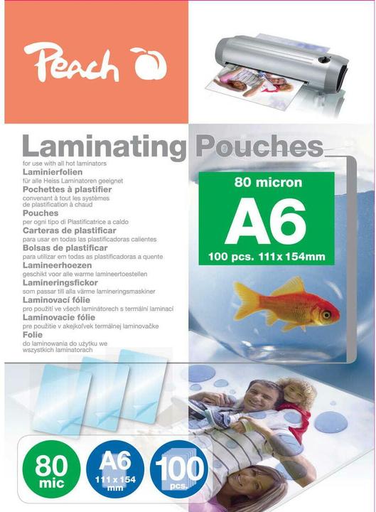 Produktbild Peach Laminierfolie A6 80 mic A6, 420 µm, 100 Stück, Glänzend (A6, 100 Stück, 80 µm)