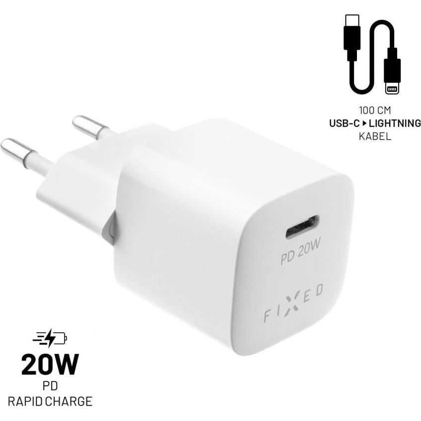 Thumbnail - Fixed Mini USB-C Travel Charger 20W+ USB-C/Lightning Cable, White (20 W), USB Ladegerät, Weiss