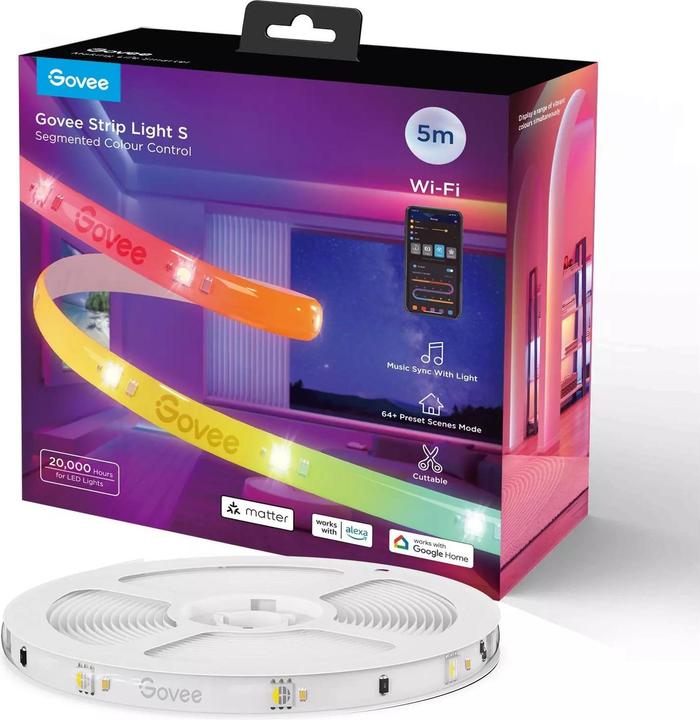 Productafbeelding Govee LED Stripe Light S, Wi-Fi / Bluetooth / Matter, 5 m, RGBIC (RGBIC, Veelkleurig, 500 cm, Interieur)