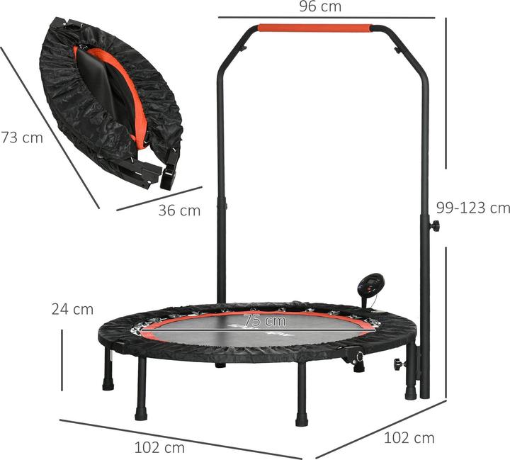 Actual product image Swisshandel24 Mini trampoline, with height-adjustable handle, LCD monitor, steel, black+red, Ø102x99-123cm (102 cm)