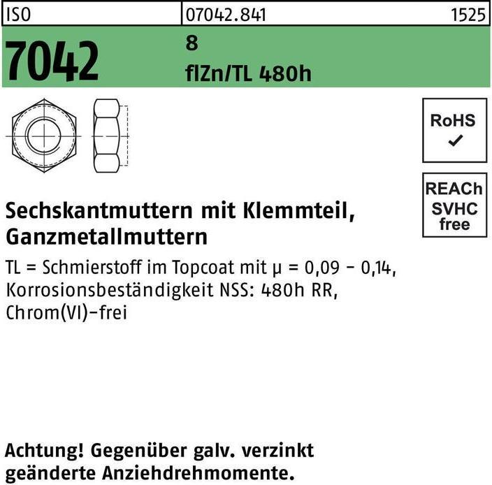 Produktbild Sechskantmutter ISO 7042 m.Klemmteil M 20 8 zinklamellenbes. Gleitm. flZnnc 480h-L (M20)