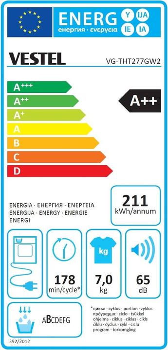 Label énergétique Vestel VG-THT277GW2 (7 kg, Droite)