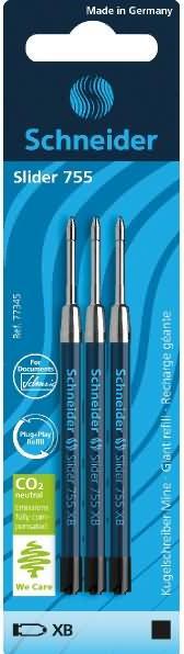 Schneider 3 Slider 755 Kugelschreiberminen XB schwarz (3 Stück, Schwarz, 7 mm)