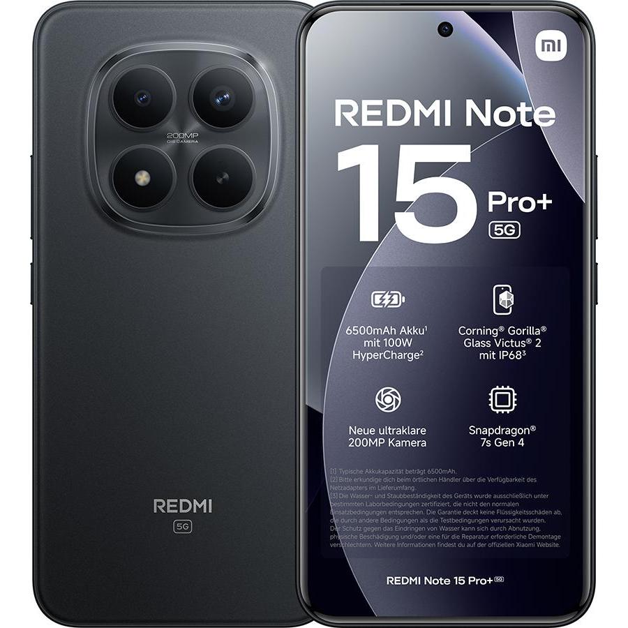 Xiaomi REDMI Note 15 Pro+ 5G (512 GB, Black, Midnight Black, Schwarz, 6.83", Dual SIM, 5G), Smartpho