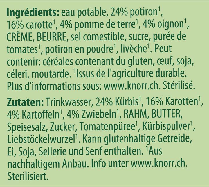 Nährwerte und Zutaten Knorr Kürbissuppe Kombiblock, Suppe mit Kürbis und Gemüse, Fertiggericht zum Aufwärmen (500 ml)