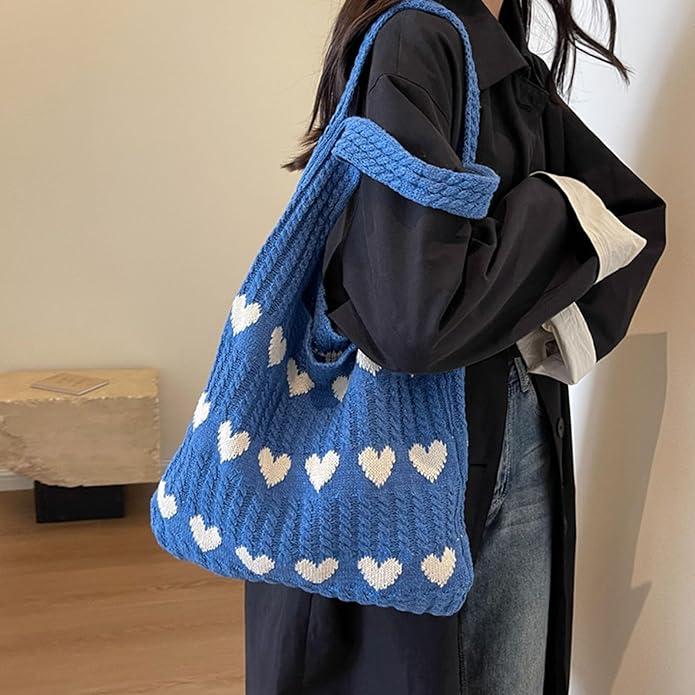 Image du produit Only-Bags.Store Sac hobo minimaliste avec motif d'amour, sac à provisions tricoté, sac de vacances léger