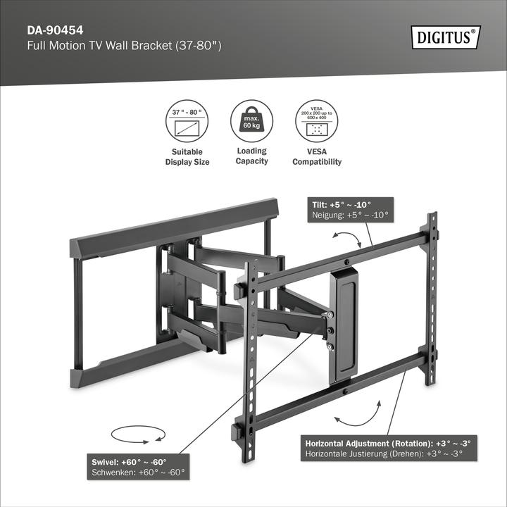 Immagine prodotto Digitus Montaggio a parete 600x400 -60kg 37-80"/movimento completo/inclinazione/rotazione (Muro, 60 kg, 37" - 80")