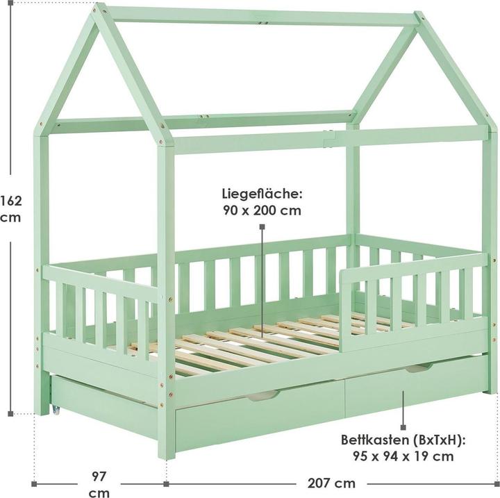 Image du produit Juskys Kinderbett 90x200cm mit Bettkasten Marli - Mint (90x200)