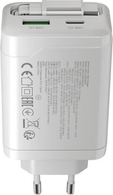 Actual product image Canyon Adapter charger OnCharge 65RC Build-In Cable USB-C 65W 1xPD 1xQC EU White (65 W, 2 ports)
