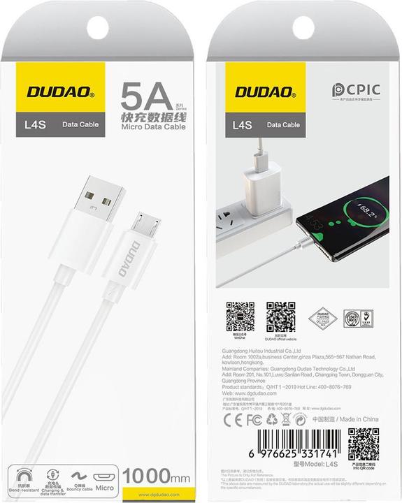 Image du produit Dudao L4SM Câble USB-A / micro USB 2A 1m - blanc (1 m)