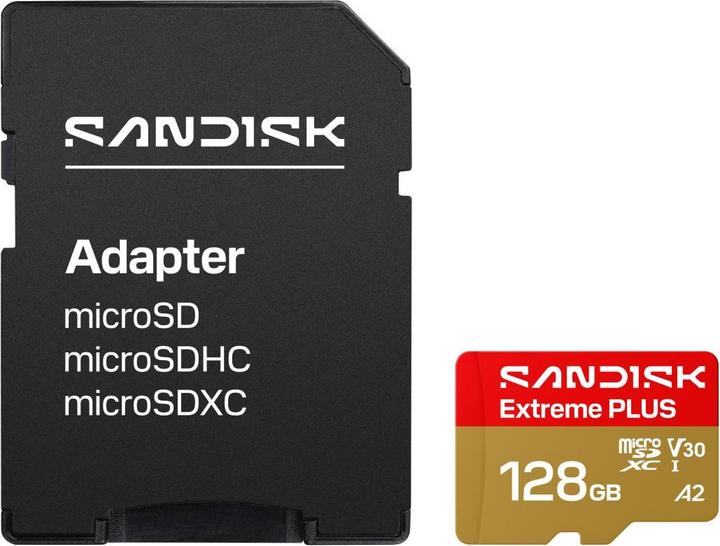 Actual product image SANDISK microSDXC Extreme Plus 128GB (UHS-I, R250MB/s / W120MB/s, 5K, 4K UHD) (128 GB, microSDHC, U3, UHS-I)