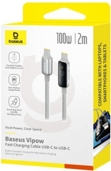 Actual product image Baseus USB-C to USB-C Cable Vipow Display, 100W, 5A, 2m, Grey (2 m, USB 2.0, 100 W)