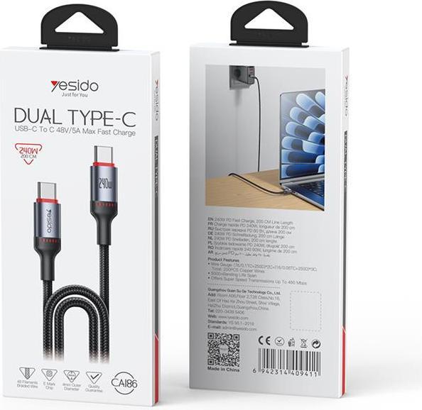 Actual product image Yesido Cable CA186 240W Type-C/Type-C 2m 5A, BLACK/BLACK (2 m, USB 2.0, 240 W)
