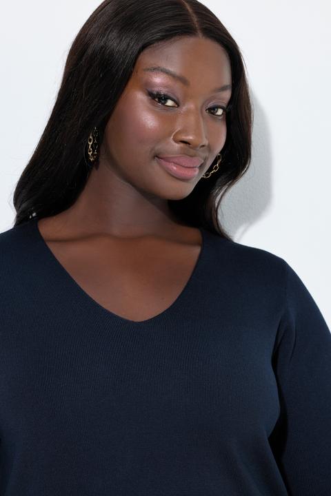 Produktbild Ulla Popken Pullover, Feinrippstrick, V-Ausschnitt, 3/4-Volantärmel (46, 48)