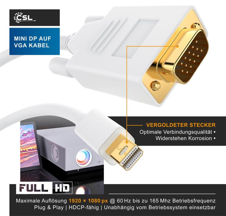 Image du produit CSL Câble vidéo audio mini Displayport vers VGA, adaptateur de moniteur miniDP / compatible Thunderbolt (5 m)