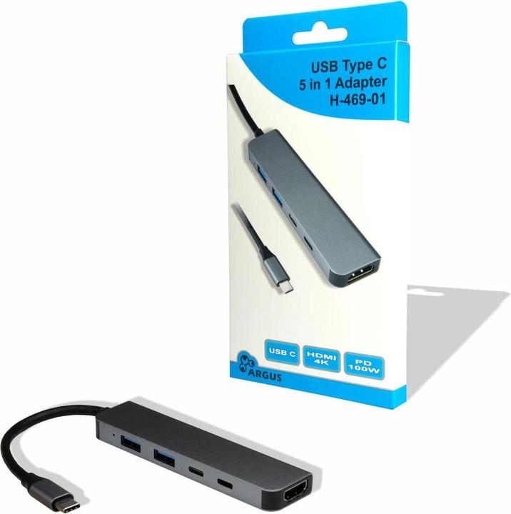 Produktbild Intertech Inter-Tech Adapter Argus H-469-01 5in1 USB-C,HDMI 4K,PD100W (HDMI, USB Typ-C, USB-A, 10.50 cm)