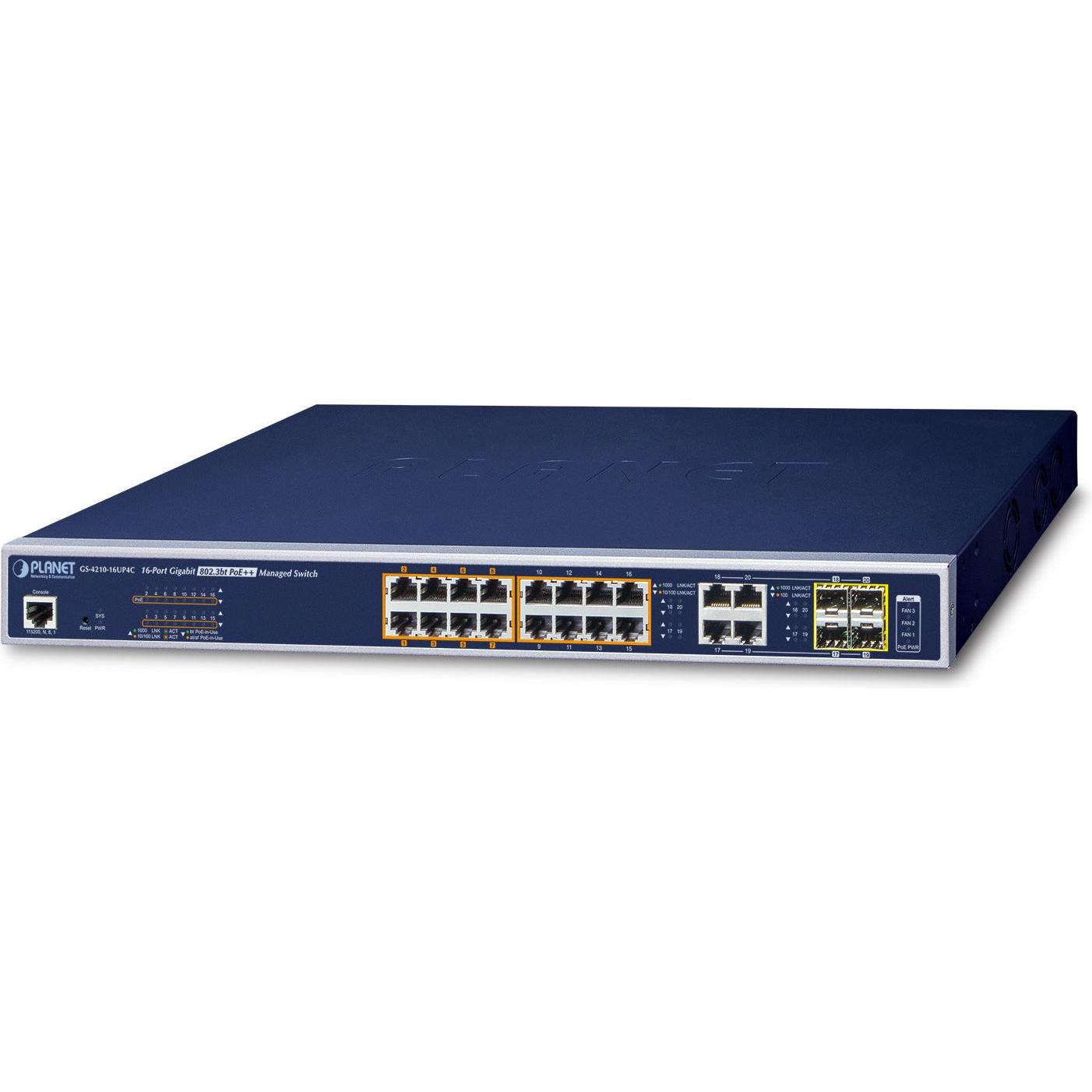 Thumbnail - Planet 16-Port 10/100/1000T UltraPoE + 4-Port Gigabit (20 Ports), Netzwerk Switch, Schwarz