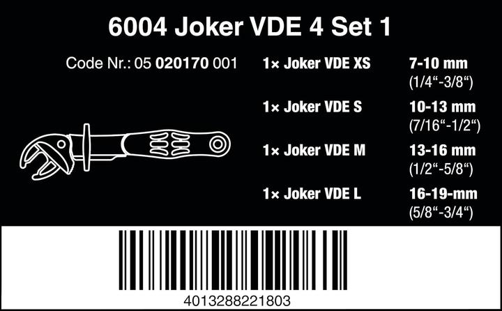 Nährwerte und Zutaten Wera 6004 Joker VDE 4 Set 1 (19 mm, 12 mm, 14 mm, 16 mm, 10  mm, 18 mm, 7 mm, 17 mm, 11 mm, 15 mm, 8 mm, 9 mm, 13 mm)