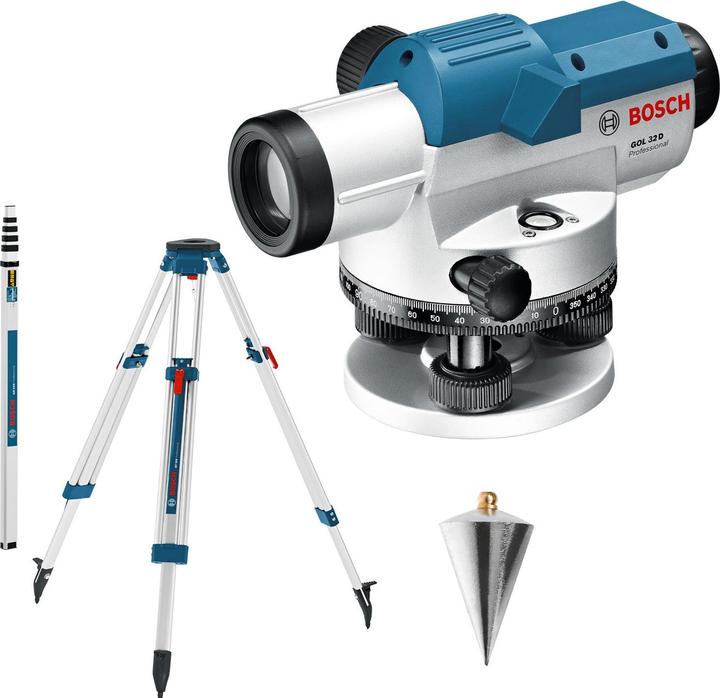 Bosch Professional Optical levelling instrument GOL 32 D, with construction tripod BT 160, measuring rod GR 500