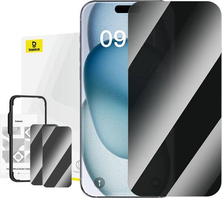 Immagine prodotto Baseus Vetro temperato Privacy Superior per iPhone 15 + 2x kit di pulizia e EasyStick (trasparente) (1 pz., Apple iPhone 15)