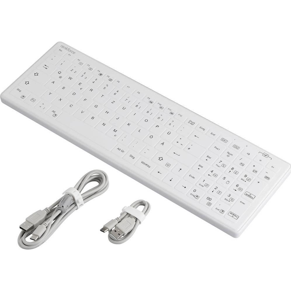 Thumbnail - Renkforce RF-WPIK-500 USB Hygiene-Tastatur Deutsch, QWERTZ, Windows Weiss Siliko (DE, Kabelgebunden), Tastatur, Weiss