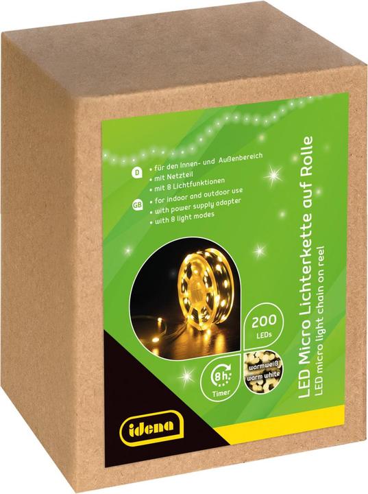 Produktbild Idena Micro-Lichterkette 200 LED warmweiss Gesamtlänge 22,9m auf Rolle 8h Timer 8 Lichtmodi (22.90 m)