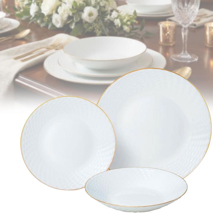 Kinghoff 18-teiliges Geschirr-Set aus Glas, weiss mit Goldrand (18 Stk.)