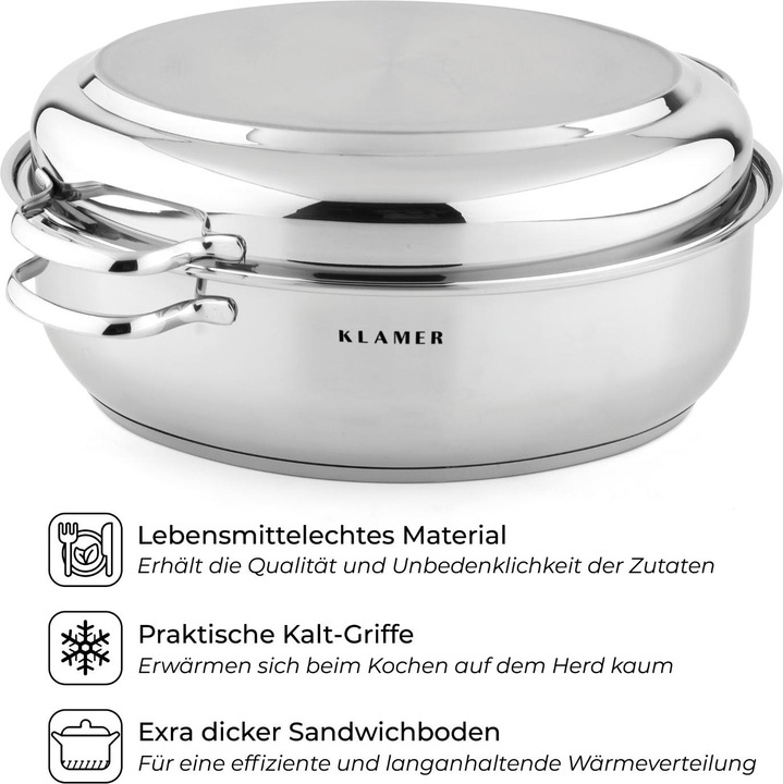 Produktbild KLAMER Edelstahl Bräter mit Deckel 38 cm, backofengeeignet, 8.5L mit 4L Deckelpfanne, für alle Herdarten (38 cm, Bräter + Schmortopf, Edelstahl)