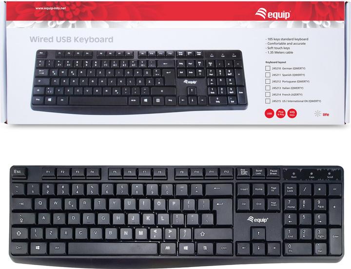 Actual product image equip Wired USB Keyboard black,US Layout (US, Cable)