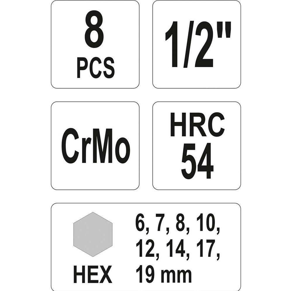 Thumbnail - Yato, Steckschlüssel + Stecknuss, YT-1066 8-teiliger Sechskant-Bit-Halter-Satz für Schlagschrauber, 1,27 cm (1/2 Zoll)
